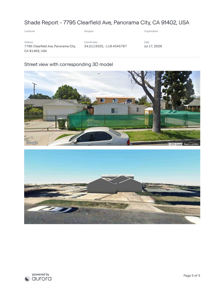 Shade report page 3 - street view with corresponding 3D model